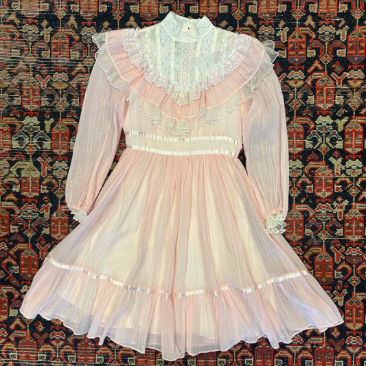 1970s Gunne Sax Pink Lace Maxi Dress