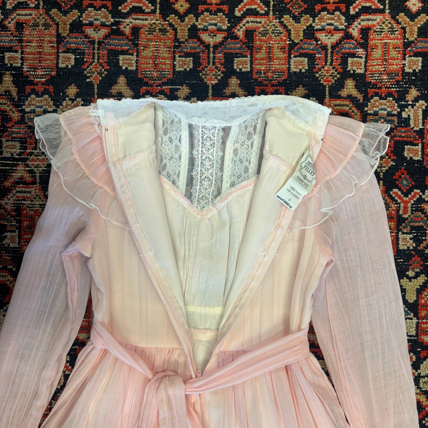 1970s Gunne Sax Pink Lace Maxi Dress